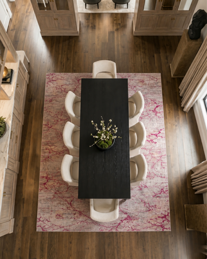 Feizy Pryor Rug 39NEF Pink Multi abstract rug overhead dining room view