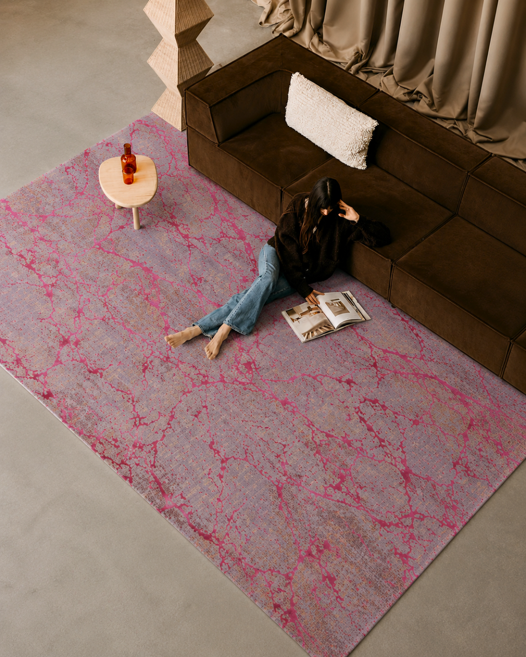 Feizy Pryor Rug 39NEF Pink Multi abstract marble rug in modern living space