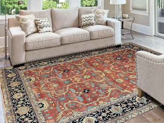 Traditional Sarapi rugs inspired by 19th-century Iranian craftsmanship, featuring dense, luxurious designs in New Zealand wool for modern home decor.