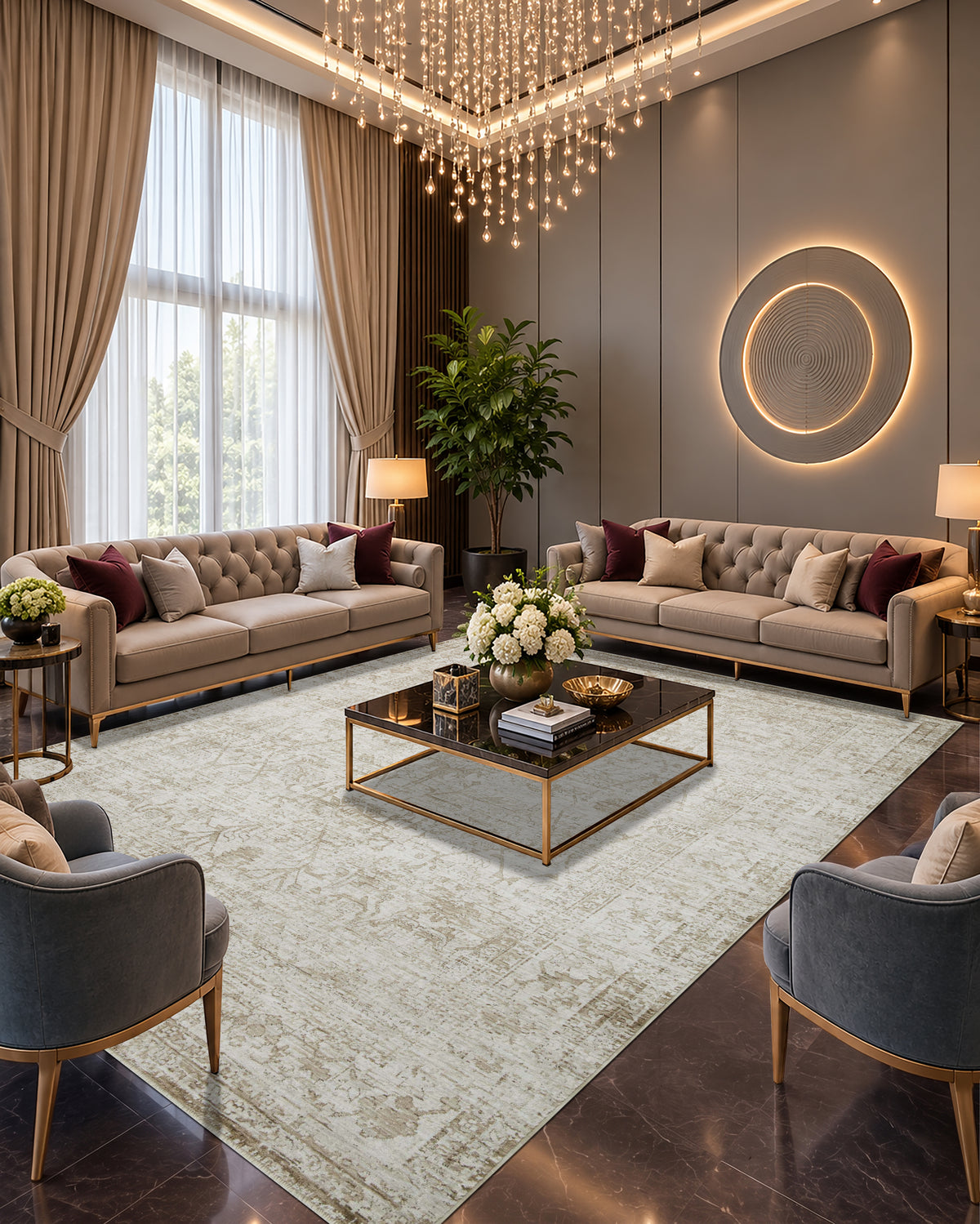 Amber Lewis x Loloi Honora HON-01 Ivory Natural Living Room — Ivory and natural patterned rug in an elegant living room with beige sofas.
