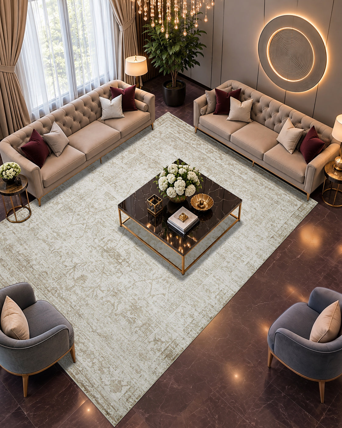 Amber Lewis x Loloi Honora HON-03 Beige Spice Living Room Overhead Shot — Overhead view of a beige and spice patterned rug beside a charcoal sectional.