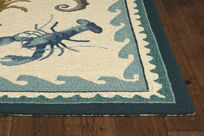 Kas Harbor 4204 Ivory Teal Indoor/Outdoor Hand Hooked Rug