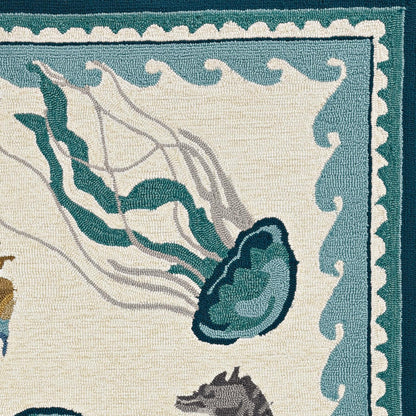 Kas Harbor 4204 Ivory Teal Indoor/Outdoor Hand Hooked Rug