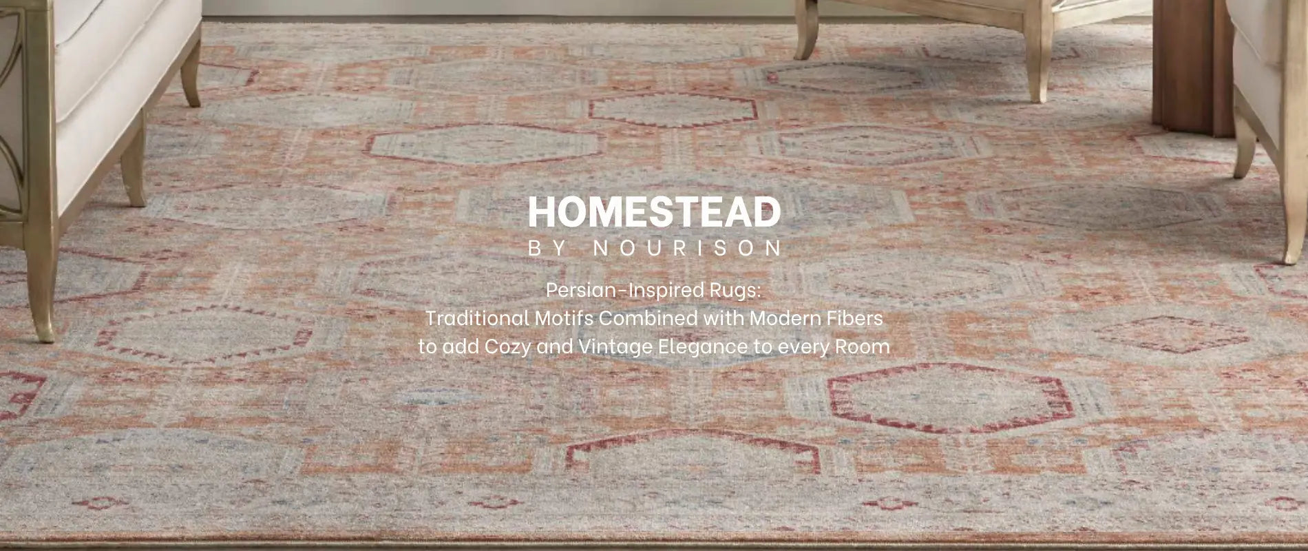 Persian-inspired modern rugs with classic motifs and soft, faded colors adding vintage warmth to living spaces by Homestead