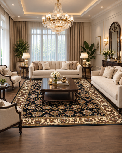 KAS Cambridge 7313 Black Ivory Living Room — Black and ivory area rug in a living room.