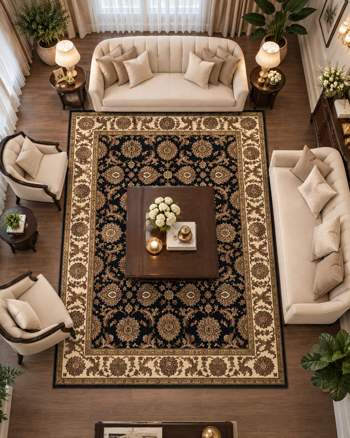 KAS Cambridge 7313 Black Ivory Living Room Overhead Shot — Overhead view of a black and ivory area rug in a living room.
