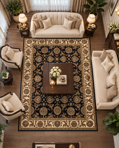 KAS Cambridge 7313 Black Ivory Living Room Overhead Shot — Overhead view of a black and ivory area rug in a living room.