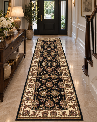 KAS Cambridge 7313 Black Ivory Style Shot — Styled view of a black and ivory area rug.