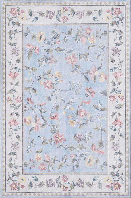 Kas Chantelle 3307 Blue Ivory Florals & Tropicals Machine Woven Rug