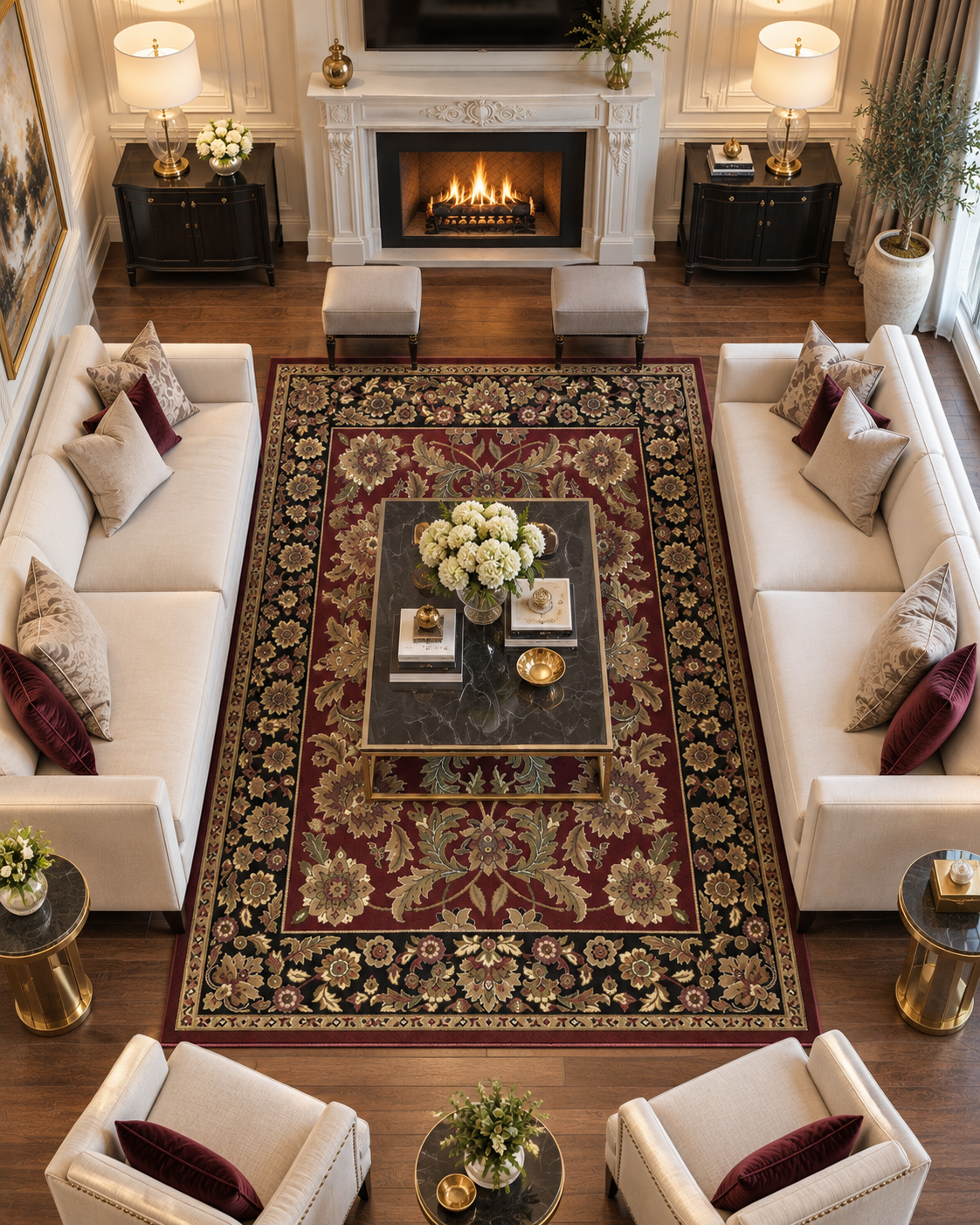 KAS Cambridge 7301 Red Black Living Room Overhead Shot — Overhead view of a red and black area rug in a living room.