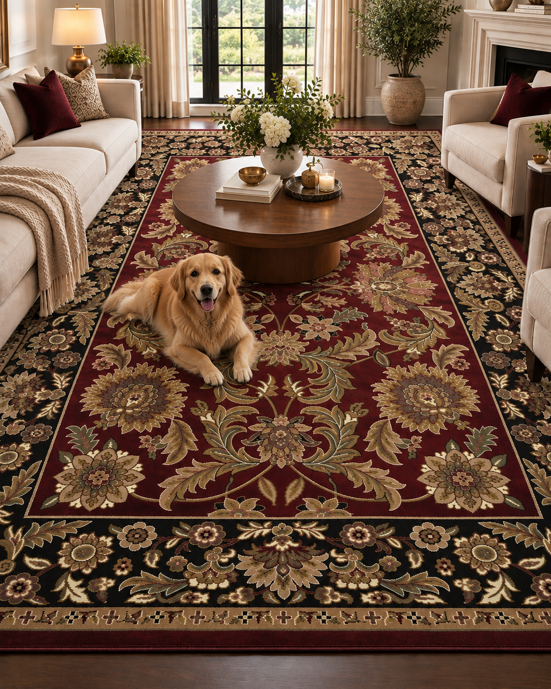 KAS Cambridge 7301 Red Black Style Shot — Styled view of a red and black area rug.