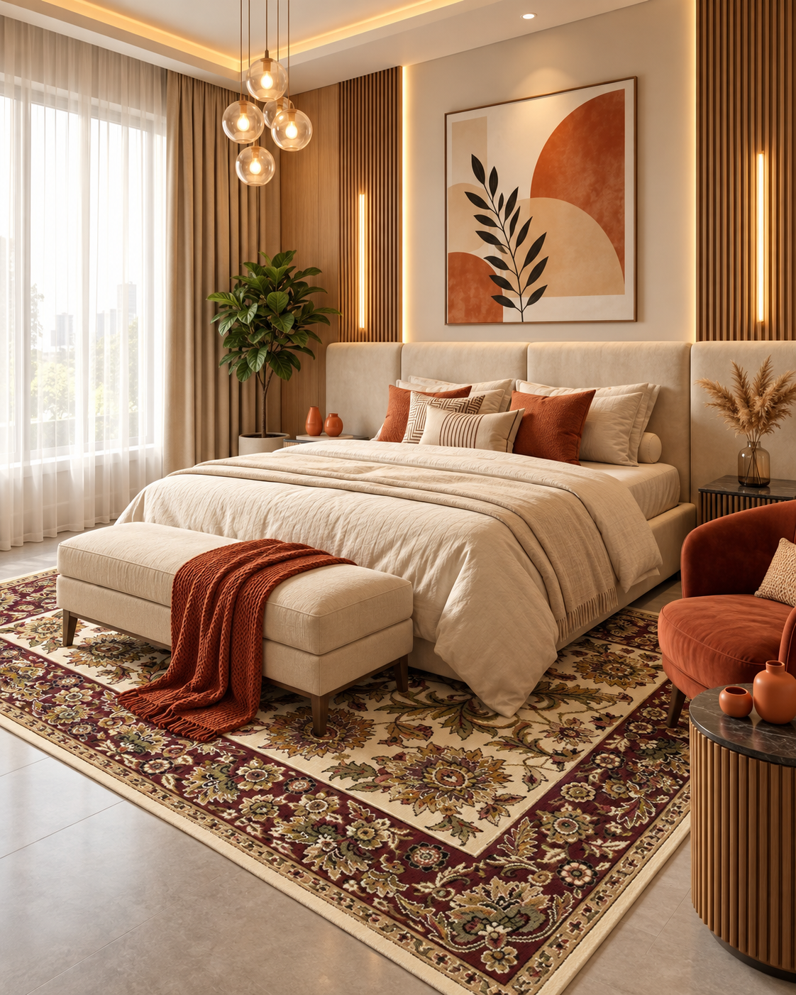 KAS Cambridge 7303 Ivory Red Bedroom — Ivory and red area rug in a Bedroom.