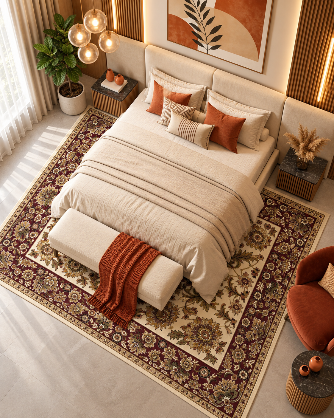 KAS Cambridge 7303 Ivory Red Bedoom Overhead Shot — Overhead view of an ivory and red area rug in a Bedroom.