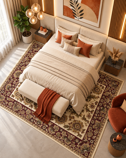 KAS Cambridge 7303 Ivory Red Bedoom Overhead Shot — Overhead view of an ivory and red area rug in a Bedroom.