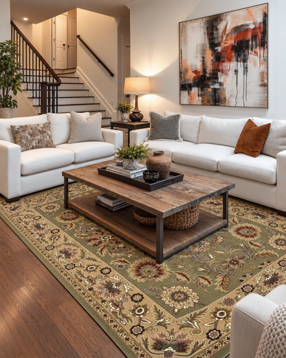 KAS Cambridge 7304 Green Taupe Living Room — Green and taupe area rug in a living room.