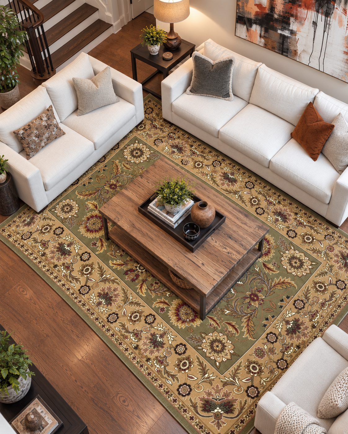 KAS Cambridge 7304 Green Taupe Living Room Overhead Shot — Overhead view of a green and taupe area rug in a living room.