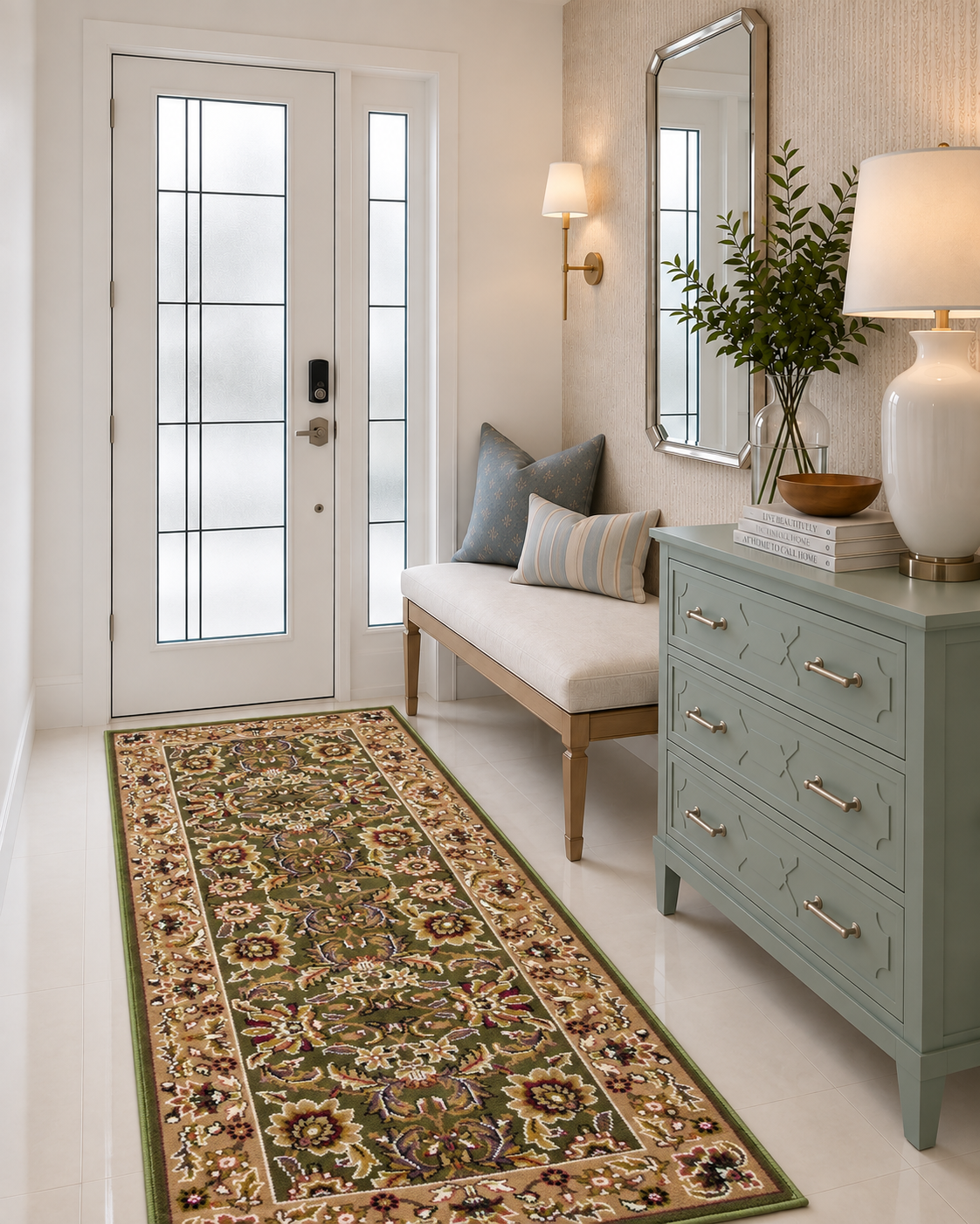 KAS Cambridge 7304 Green Taupe Style Shot — Styled view of a green and taupe area rug.