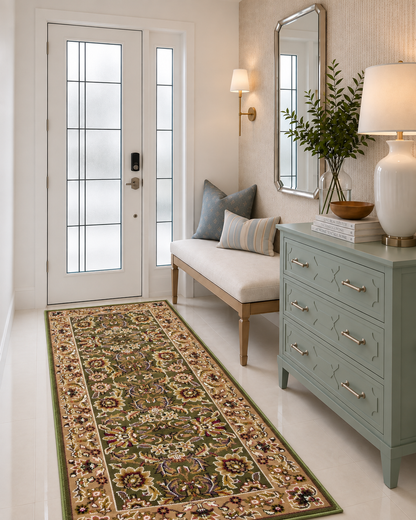 KAS Cambridge 7304 Green Taupe Style Shot — Styled view of a green and taupe area rug.