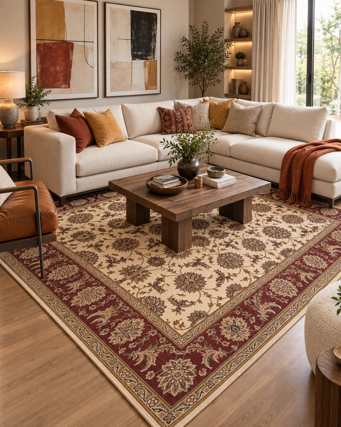 KAS Cambridge 7312 Ivory Red Living Room — Ivory and red area rug in a living room.