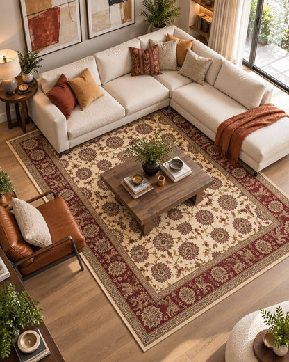 KAS Cambridge 7312 Ivory Red Living Room Overhead Shot — Overhead view of an ivory and red area rug in a living room.