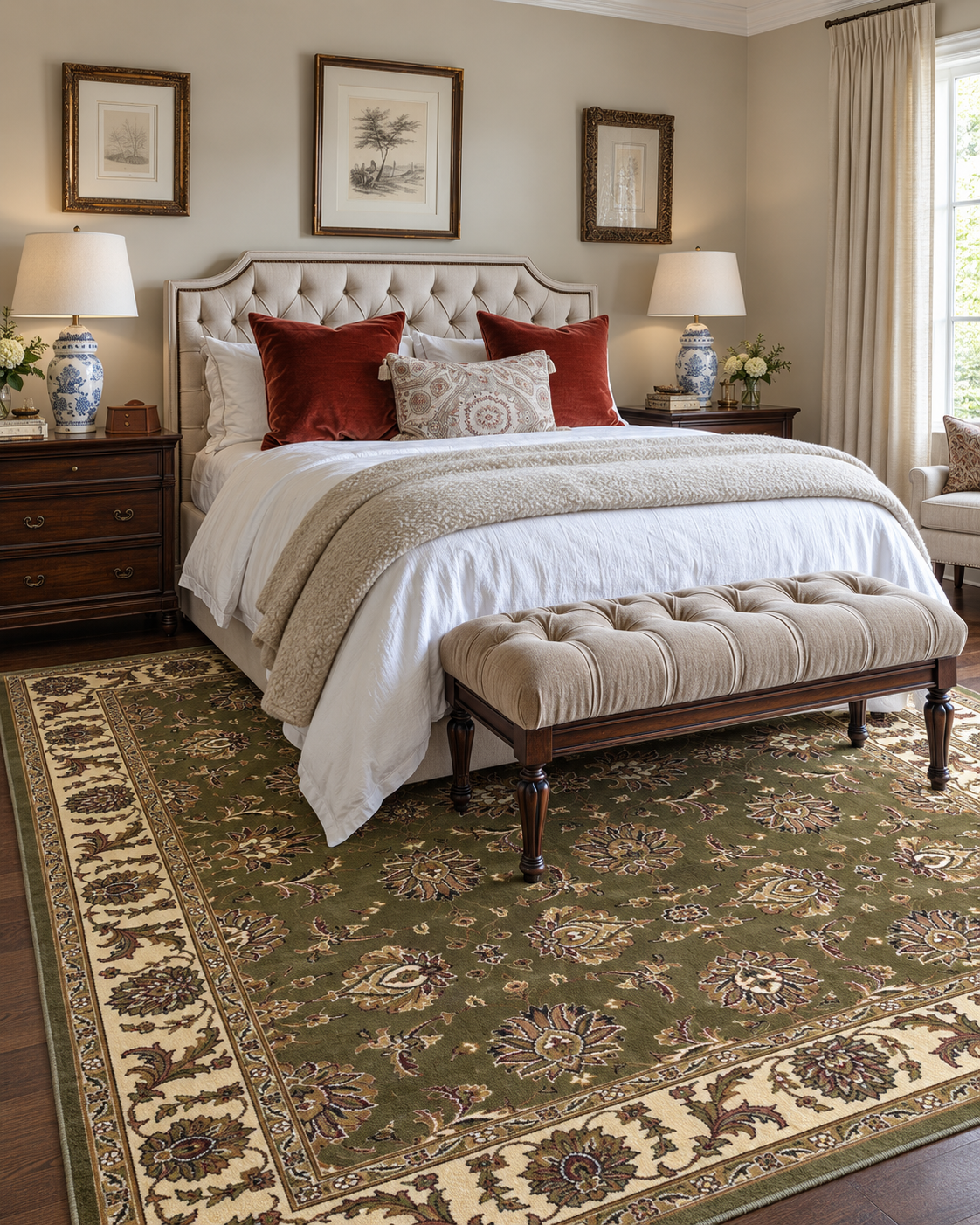 KAS Cambridge 7314 Green Ivory Bedroom — Green and ivory area rug in a bedroom.