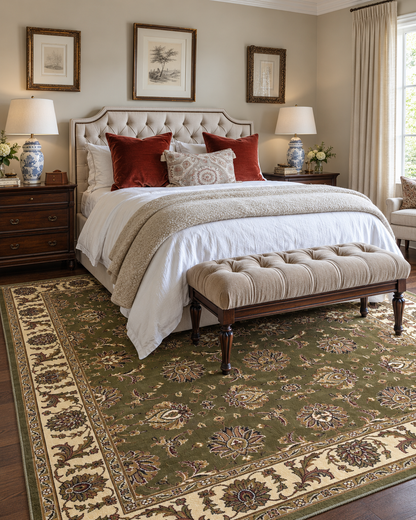 KAS Cambridge 7314 Green Ivory Bedroom — Green and ivory area rug in a bedroom.