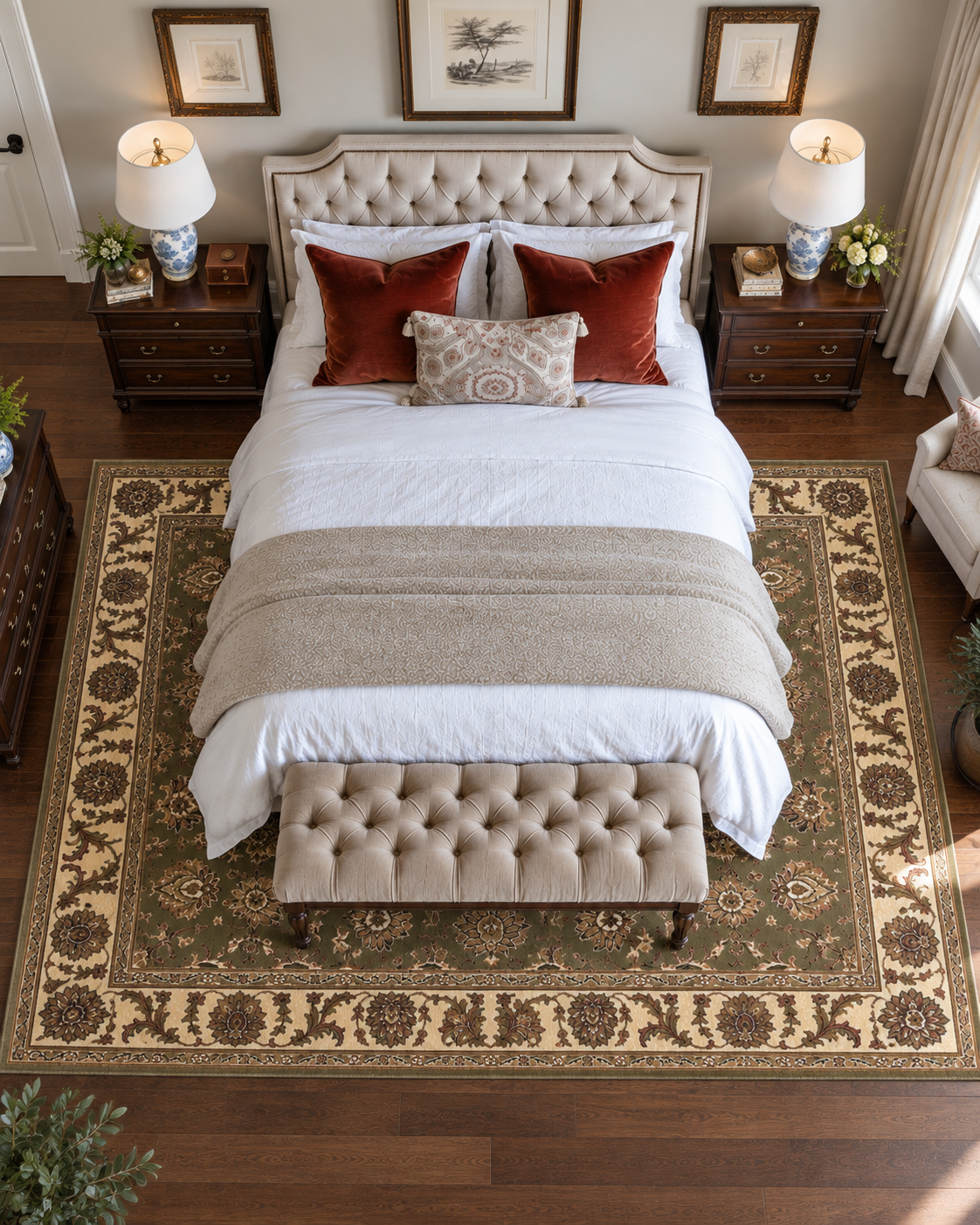 KAS Cambridge 7314 Green Ivory Bedroom Overhead Shot — Overhead view of a green and ivory area rug in a bedroom.