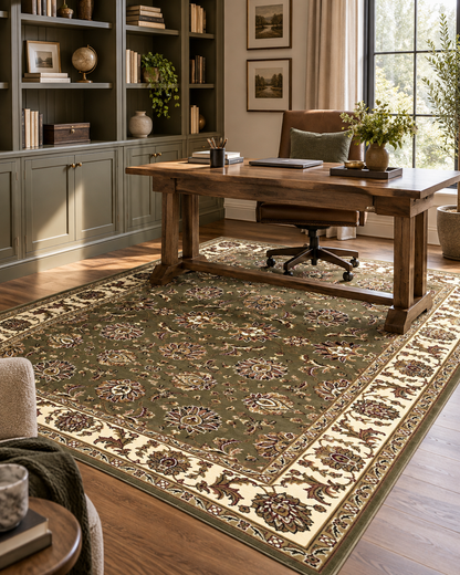 KAS Cambridge 7314 Green Ivory Style Shot — Styled view of a green and ivory area rug.