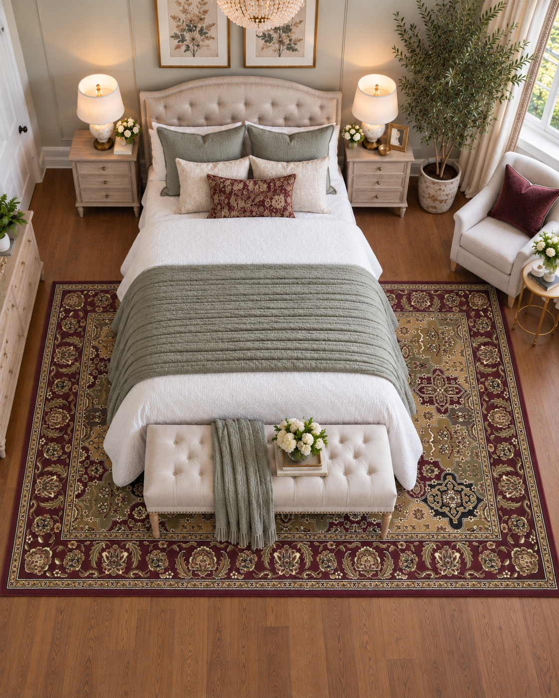 KAS Cambridge 7325 Red Bedroom Overhead Shot — Overhead view of a red area rug in a bedroom.