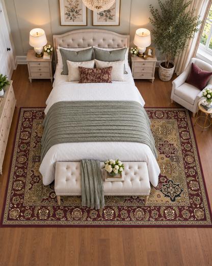 KAS Cambridge 7325 Red Bedroom Overhead Shot — Overhead view of a red area rug in a bedroom.