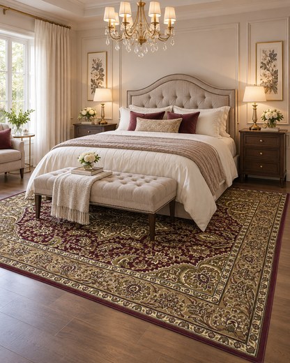 KAS Cambridge 7326 Red Beige Bedroom — Red and beige area rug in a bedroom.