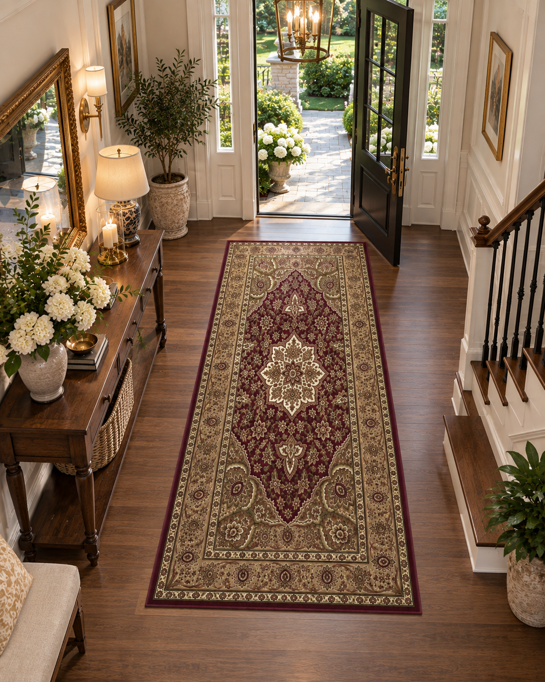 KAS Cambridge 7326 Red Beige Style Shot — Red and beige area rug shown in a styled setting.