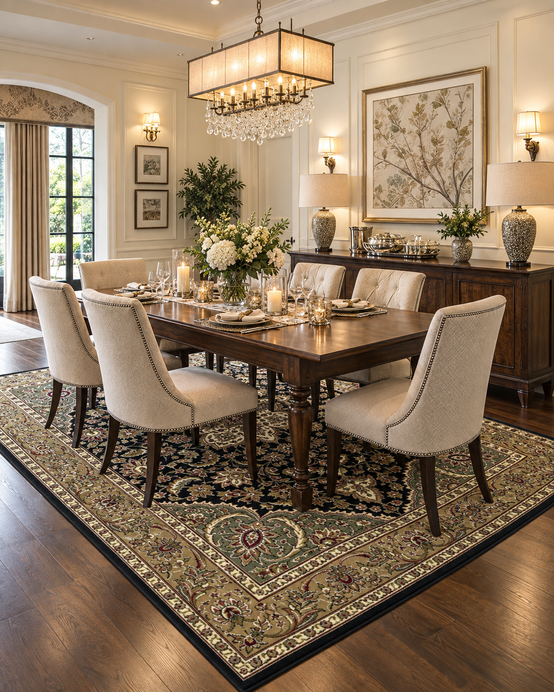 KAS Cambridge 7327 Black Beige Dining Room — Black and beige area rug in a dining room.