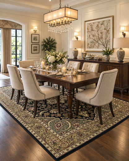 KAS Cambridge 7327 Black Beige Dining Room — Black and beige area rug in a dining room.