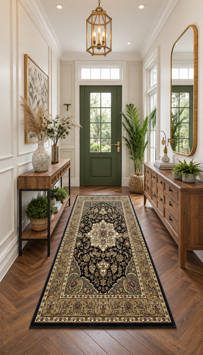 KAS Cambridge 7327 Black Beige Style Shot — Black and beige area rug shown in a styled setting.