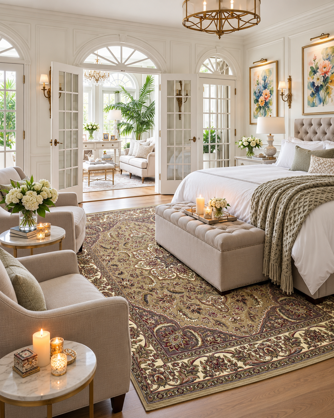 KAS Cambridge 7328 Beige Ivory Bedroom — Beige and ivory area rug in a bedroom.