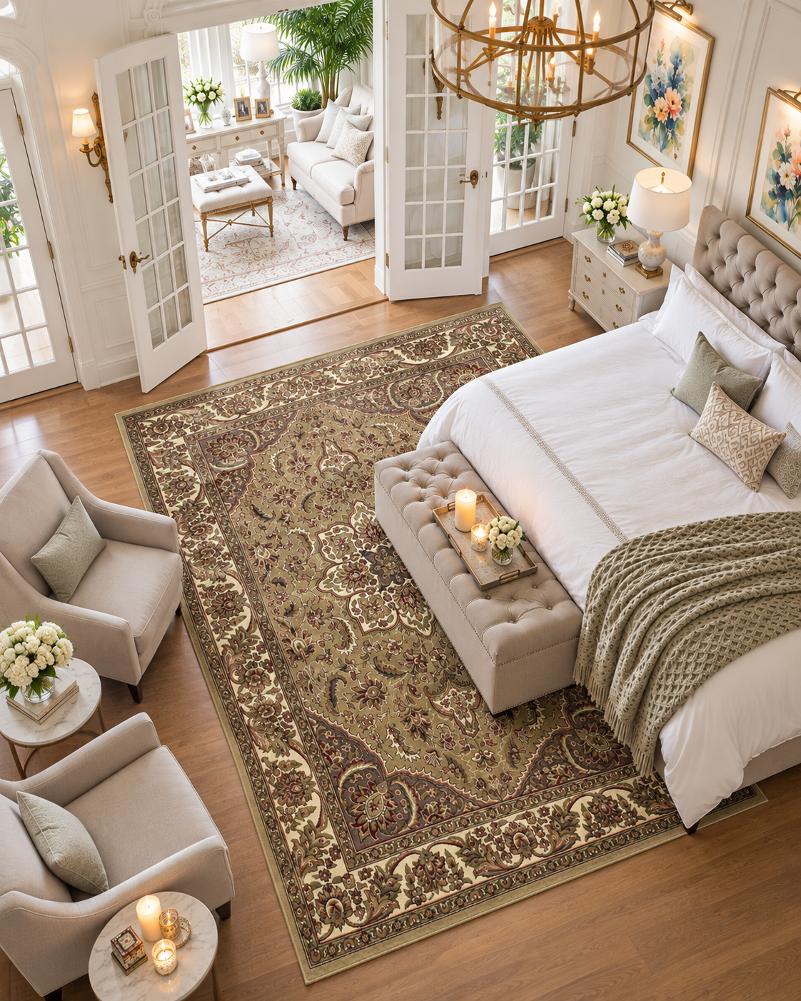 KAS Cambridge 7328 Beige Ivory Bedroom Overhead Shot — Overhead view of a beige and ivory area rug in a bedroom.
