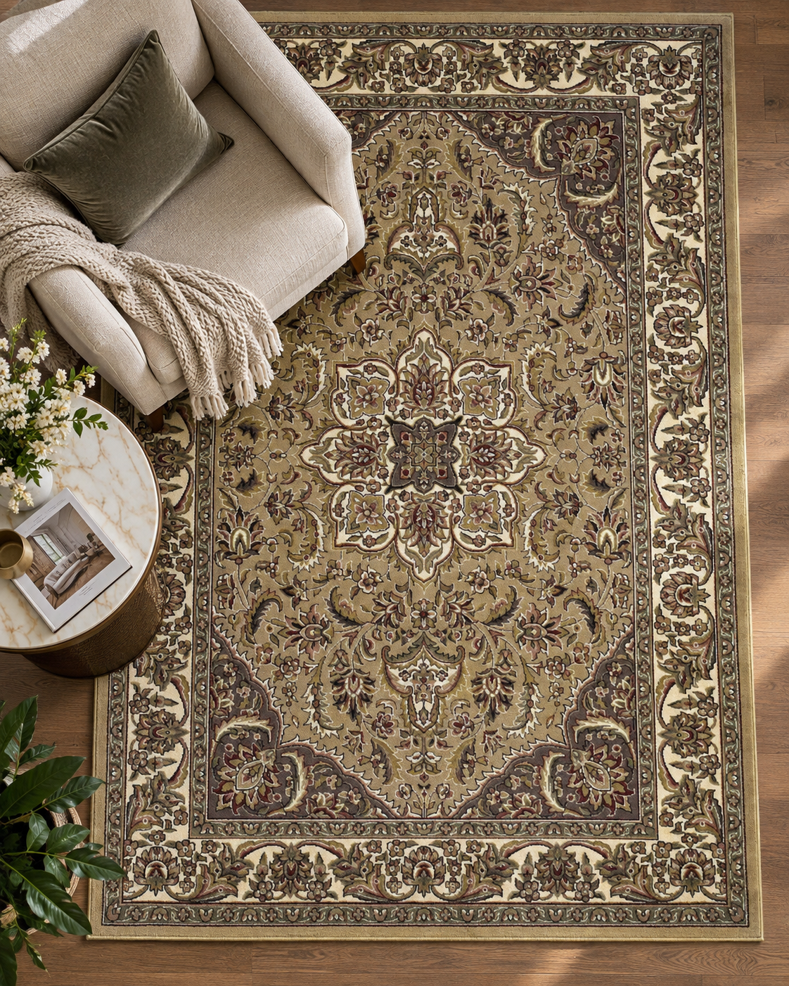KAS Cambridge 7328 Beige Ivory Style Shot — Beige and ivory area rug shown in a styled setting.