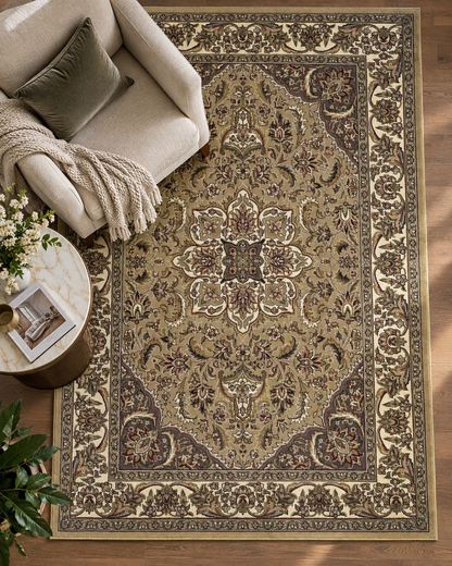 KAS Cambridge 7328 Beige Ivory Style Shot — Beige and ivory area rug shown in a styled setting.