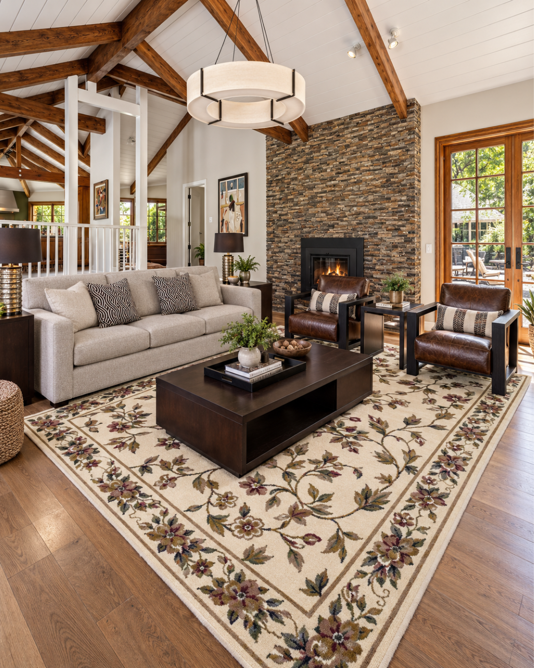KAS Rugs Cambridge 7331 Ivory Living Room Shot — Ivory floral area rug styled in a spacious living room.