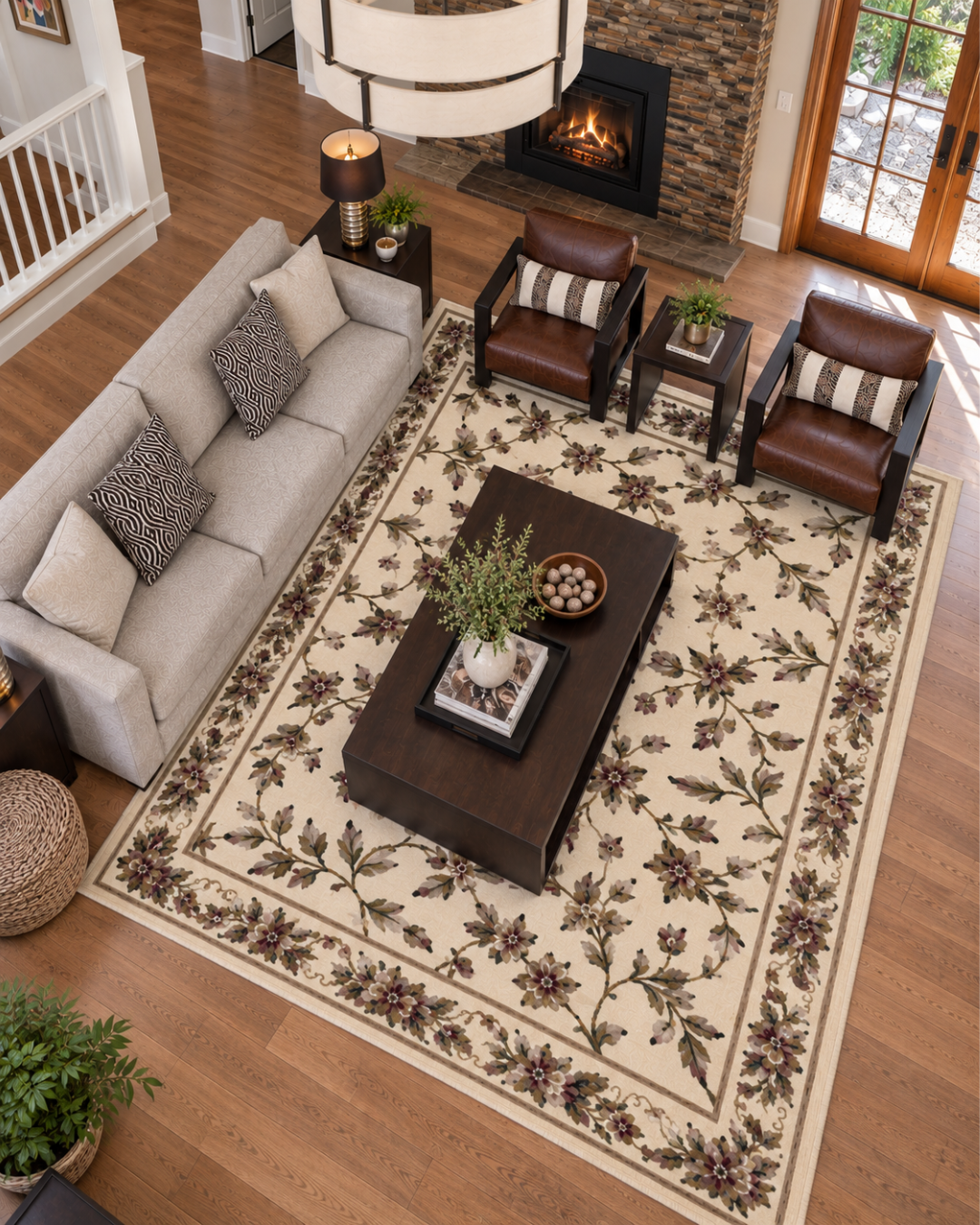 KAS Rugs Cambridge 7331 Ivory Living Room Overhead Shot — Ivory floral area rug in a warm modern living room.