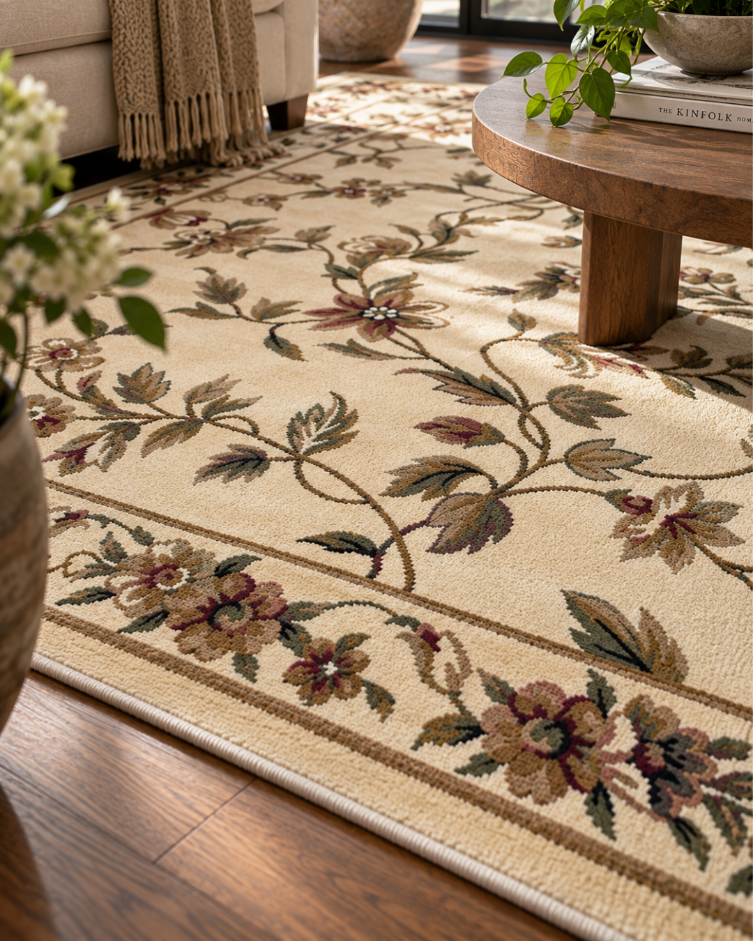 KAS Rugs Cambridge 7331 Ivory Style Shot — Ivory floral rug close-up highlighting the detailed botanical pattern.