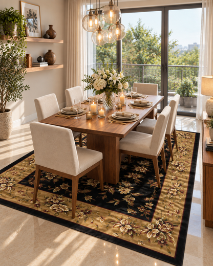 KAS Rugs Cambridge 7331 Ivory Dining Room Overhead Shot — Ivory floral area rug in a warm modern Dining room.