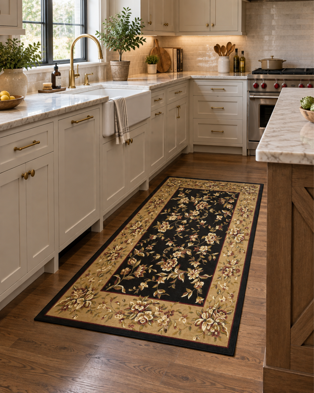 KAS Rugs Cambridge 7336 Black Beige Style Shot — Black and beige floral runner rug in a modern kitchen.