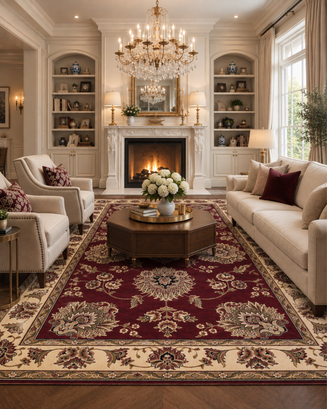 KAS Rugs Cambridge 7340 Red Ivory Living Room Shot — Red and ivory floral area rug in a classic living room.