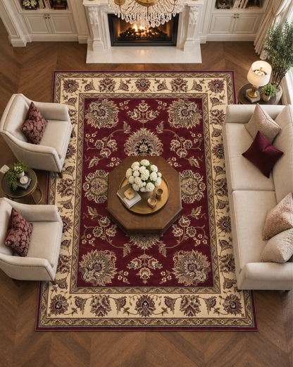 KAS Rugs Cambridge 7340 Red Ivory Living Room Overhead Shot — Red and ivory traditional area rug in an elegant living room.
