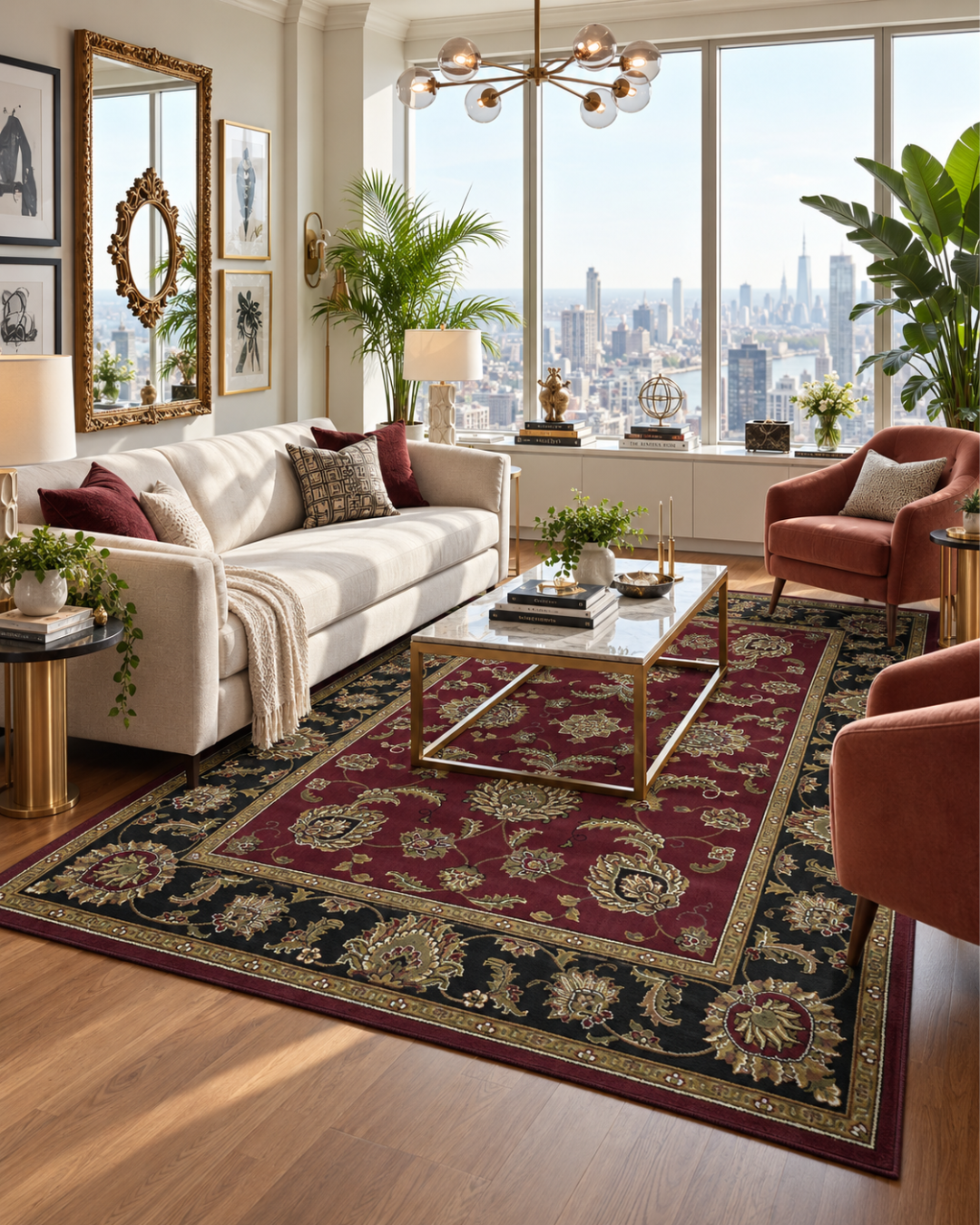 KAS Rugs Cambridge 7342 Red Living Room Shot — Red traditional floral area rug in a bright modern living room.