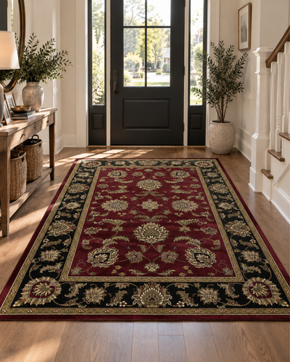 KAS Rugs Cambridge 7342 Red Style Shot — Red traditional floral rug displayed in a bright entryway.