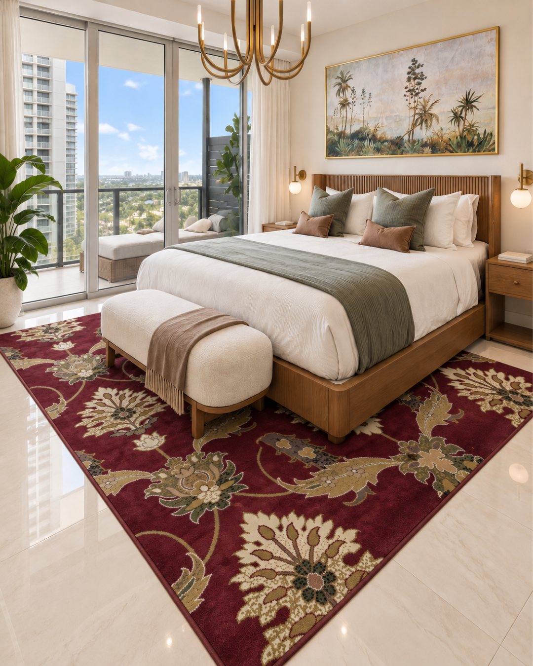 KAS Rugs Cambridge 7364 Red Bedroom Shot — Red floral area rug styled in a bright contemporary bedroom.