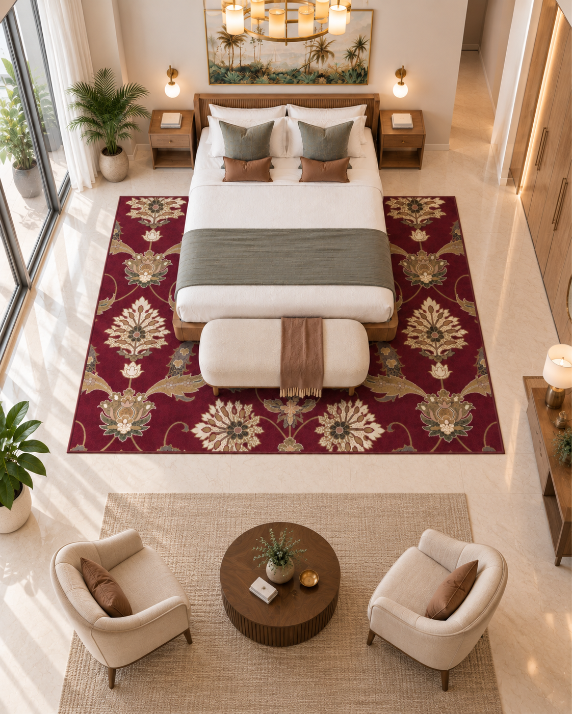 KAS Rugs Cambridge 7364 Red Bedroom Overhead Shot — Red floral area rug placed beneath a modern bedroom set.
